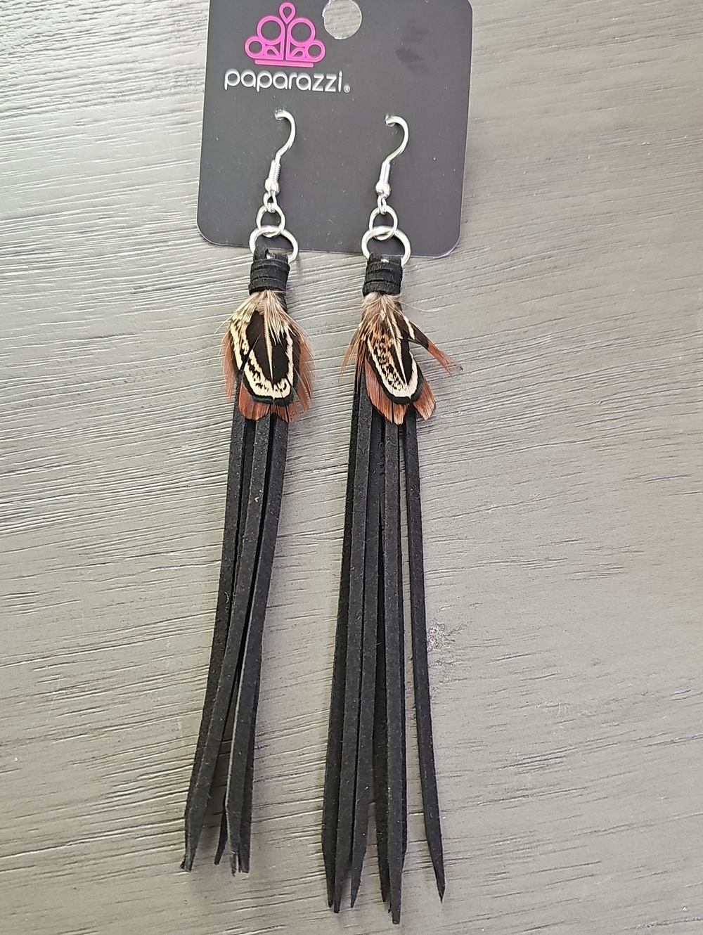 paparazzi Black and Brown Feather & Fringe Drop Earrings